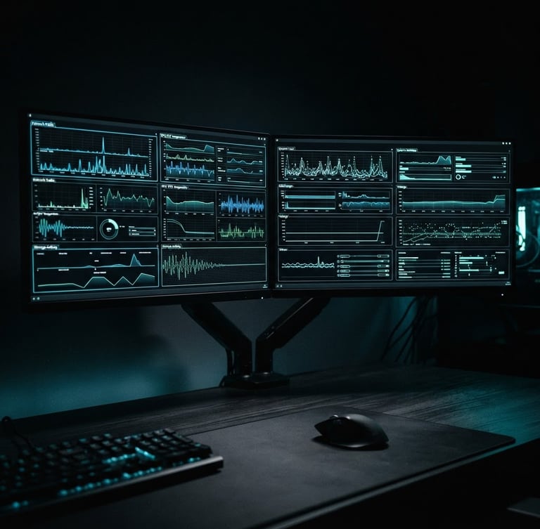 Sleek dark-mode technology photography, low-key lighting with subtle neon blue and green accents. A close-up of a high-performance desktop application interface displaying real-time system metrics, running on a dual-monitor setup in a minimalist dark workspace, 35mm lens.