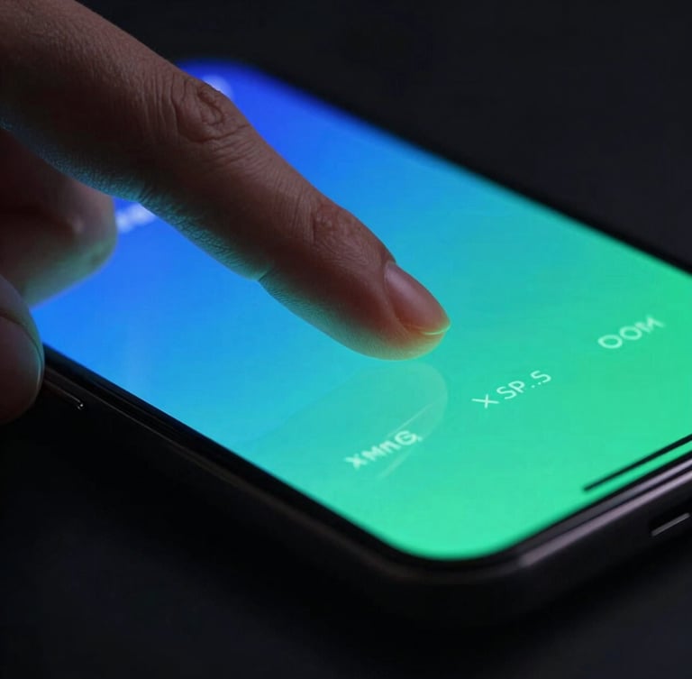 Extreme close-up macro shot of a thumb interacting with a sleek mobile screen, vibrant blue and green neon interface glows reflecting on skin, dark moody studio lighting, 35mm lens