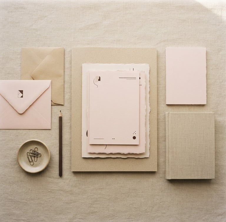 Minimalist flat-lay of pastel pink and warm beige corporate stationery, chocolate brown typography accents, soft natural morning light