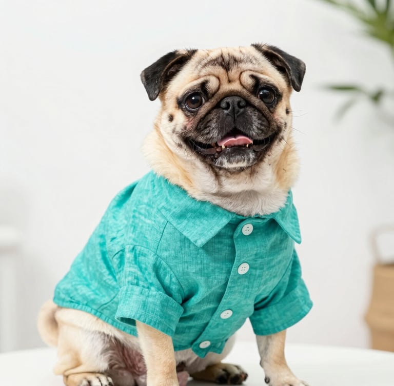 Bright high-key pet photography, a happy pug wearing a custom-tailored vibrant teal linen shirt, sitting proudly, soft natural daylight, shallow depth of field, 50mm