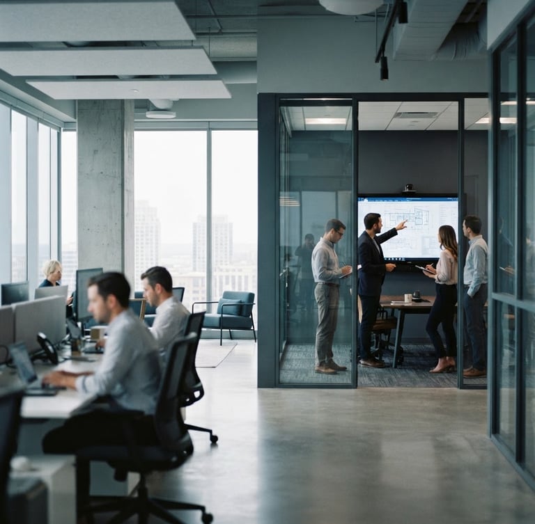 Modern corporate office interior with clean architectural lines, soft natural daylight, low saturation blue and grey tones, a professional team reviewing documents on a large screen in the background. Focused, sophisticated, 35mm.