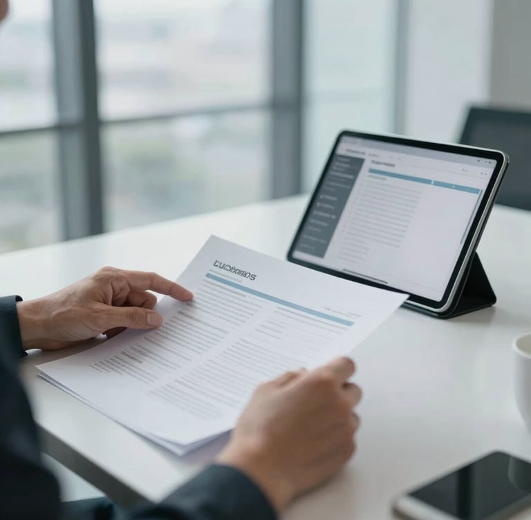Close-up portrait of professional hands reviewing organized project documents and a tablet displaying a clean dashboard, in a modern office with soft, natural light and blue-grey tones, sophisticated.