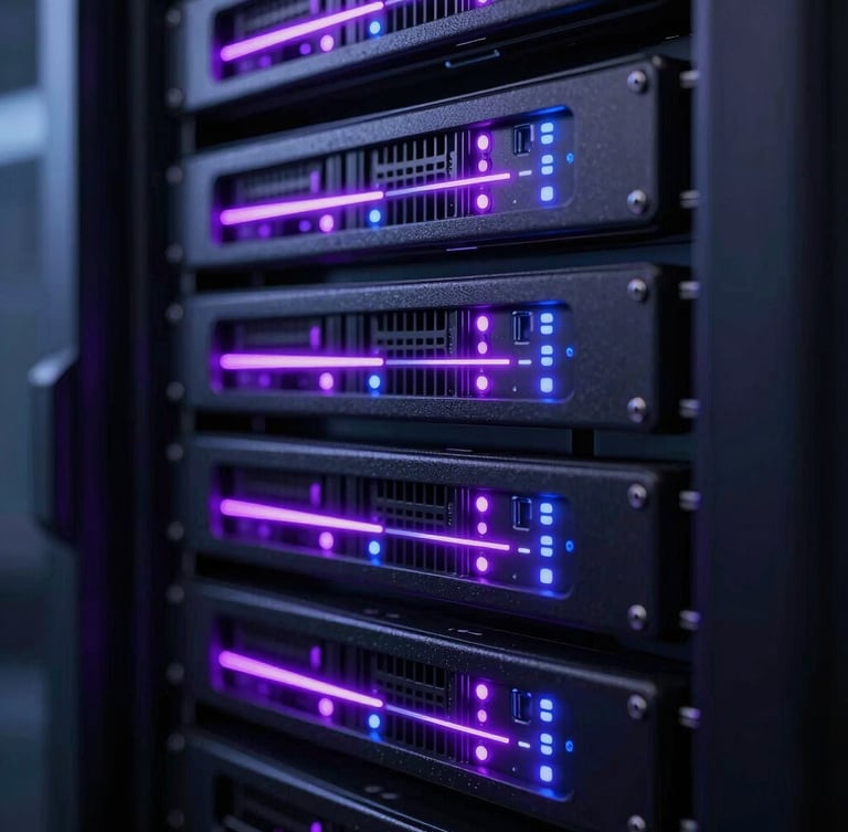 Macro extreme close-up of a high-tech server rack, glowing violet and indigo neon LED indicator lights, dark obsidian metal chassis, shallow depth of field, futuristic 3D render feel