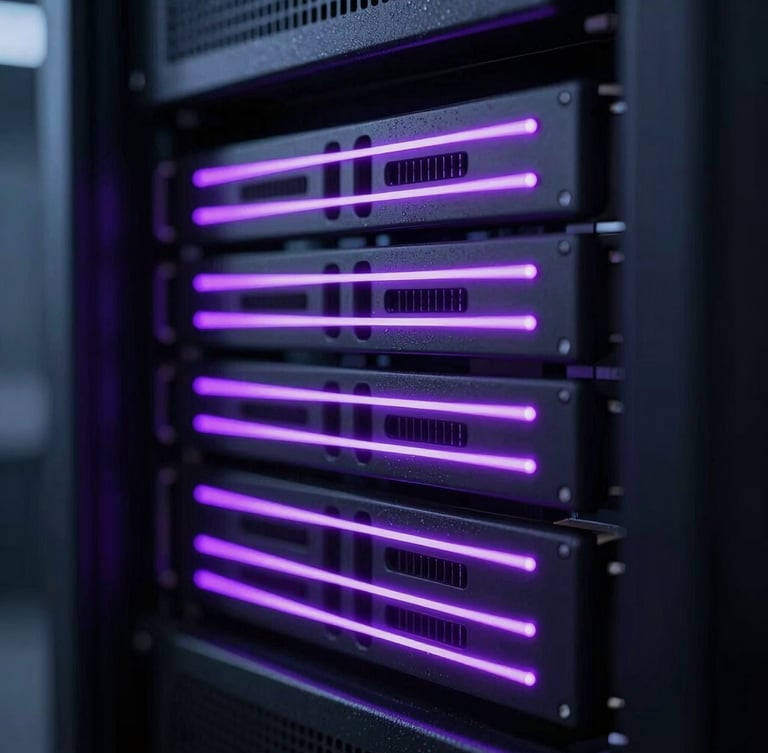 Macro close-up of server racks with glowing neon violet LED indicator lights, dark obsidian background, cinematic depth of field