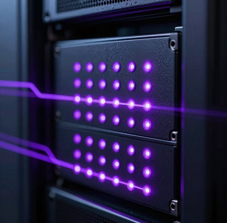 Macro close-up of a high-performance server rack, glowing violet LED indicator lights, dark metallic textures, shallow depth of field, portrait aspect.