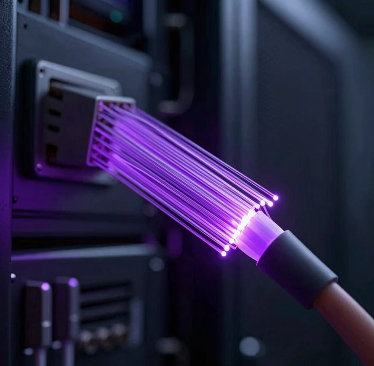 Macro close-up of high-speed fiber optic cables glowing with intense violet light in a dark server room, shallow depth of field, futuristic 3D render style