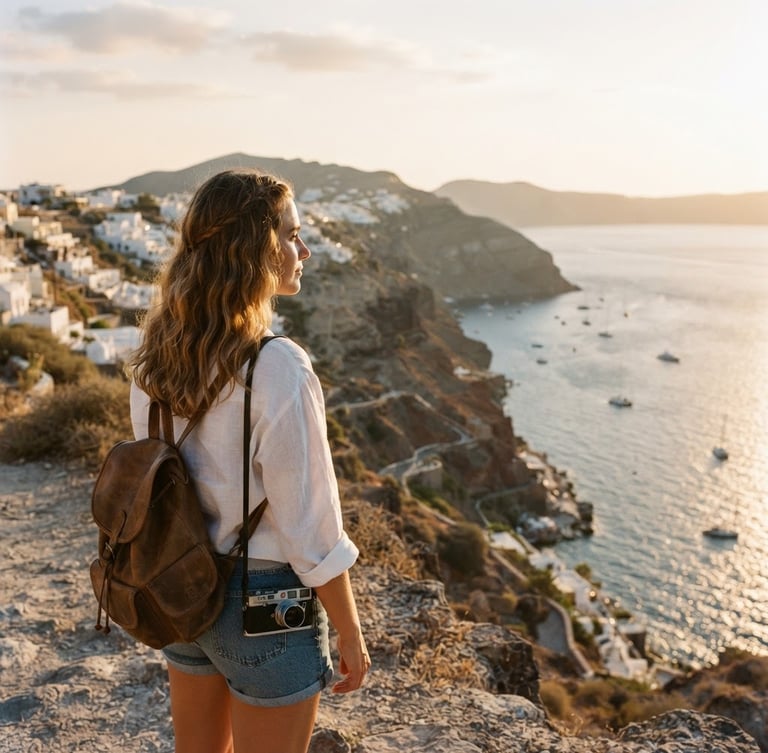 Cinematic portrait of a traveler looking out at a sun-drenched Mediterranean coastline, golden hour light, 35mm film style, warm tones
