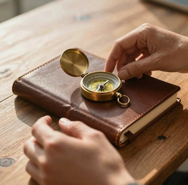 Close-up of hands arranging a leather-bound travel journal and vintage brass compass on a wooden table, soft morning light, warm editorial style
