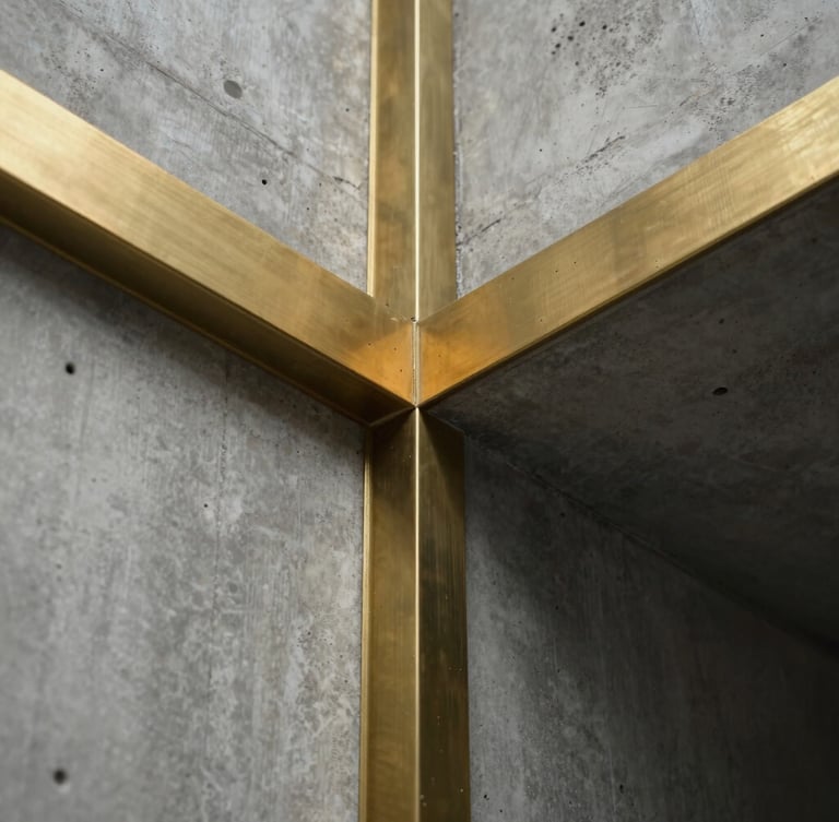 Macro abstract photograph of heavy architectural concrete meeting polished brass, sharp geometric lines, dramatic low-angle lighting with deep shadows and golden highlights.