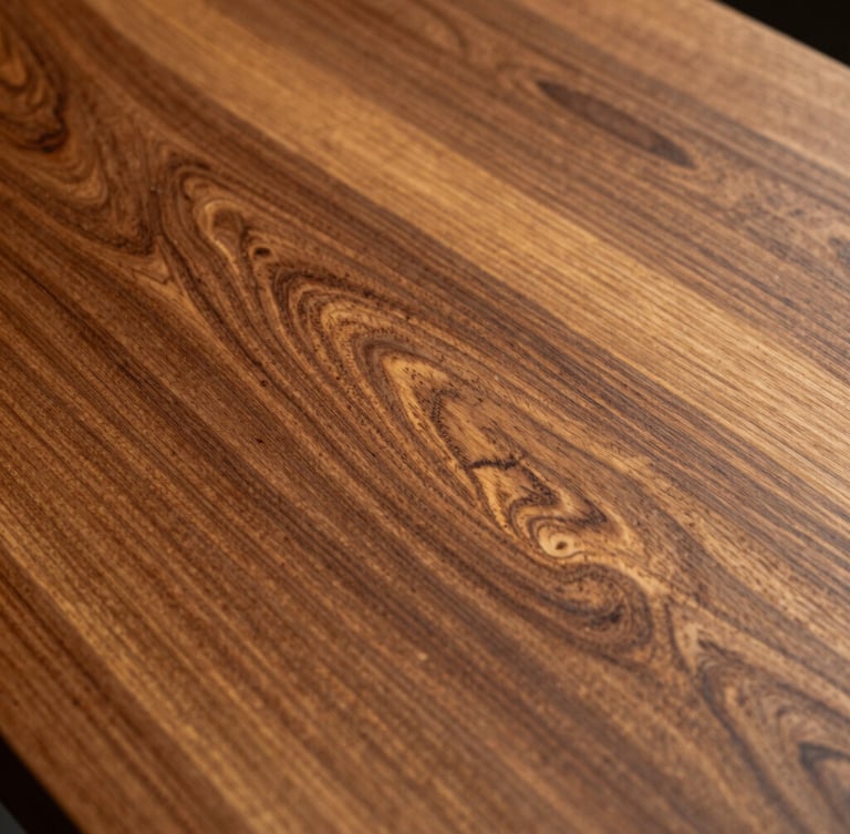 Close-up of polished premium teak wood grain, catching sharp golden-hour highlights, showing rich texture and craftsmanship.