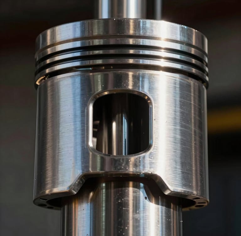 Extreme macro detail of a massive hydraulic cylinder piston, polished steel reflecting harsh Northern Territory sunlight, dark industrial background.