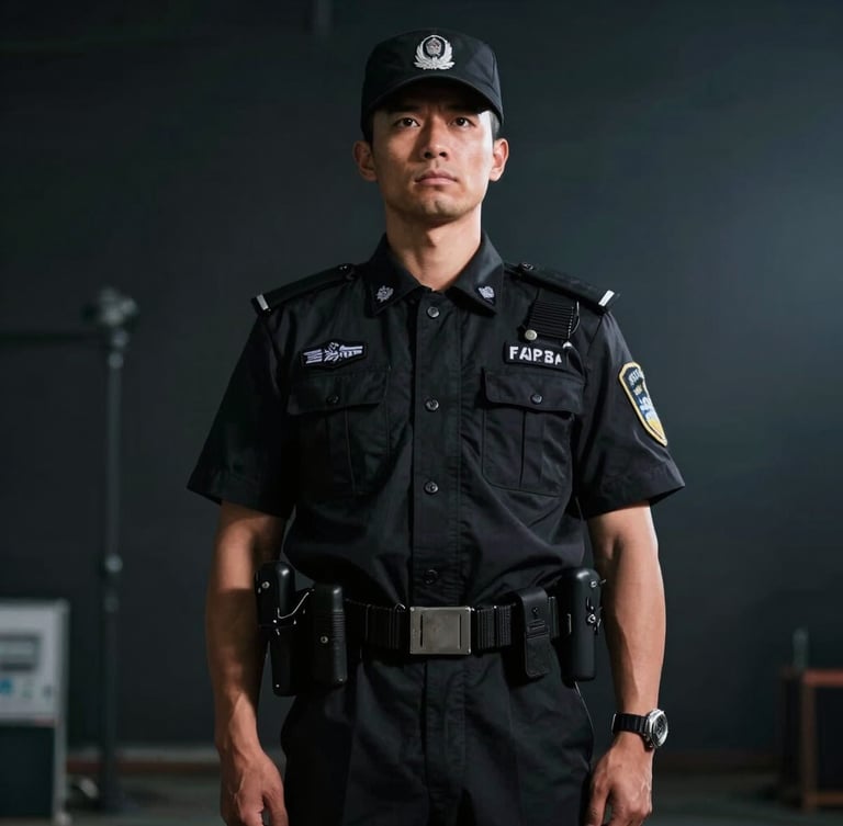 Low-angle dramatic shot of a disciplined security officer in a sharp black uniform standing at attention, rim lighting highlighting physical stature, dark atmospheric background.
