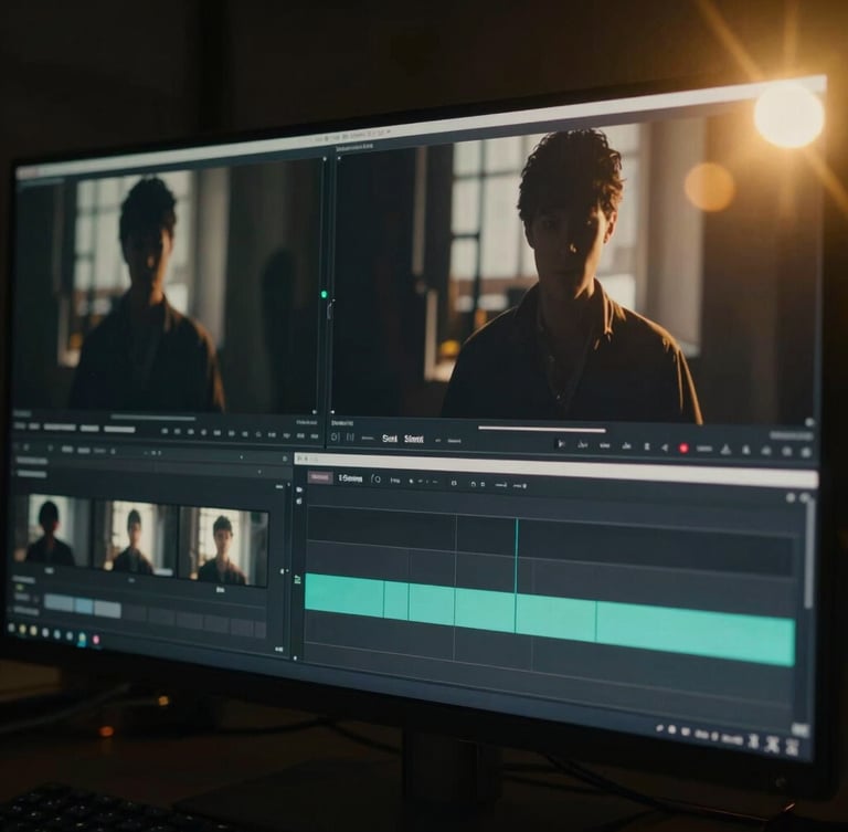 Cinematic letterboxed video editing timeline on a dual-monitor setup, low-key dramatic lighting, deep shadows with gold accents, anamorphic lens flare, 35mm