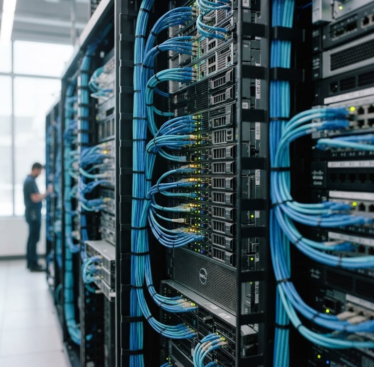 A sharp, high-fidelity close-up of modern server racks with tidy blue and cyan cabling, cool natural light, 35mm
