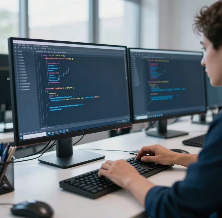 A professional workspace with natural light, where a developer is typing clean code on a monitor, subtle blue ambient glow, sharp focus, 35mm
