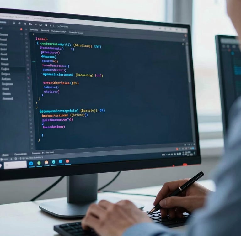 Close-up of a developer writing clean code on a dark monitor, cool natural window light, sharp focus, 35mm