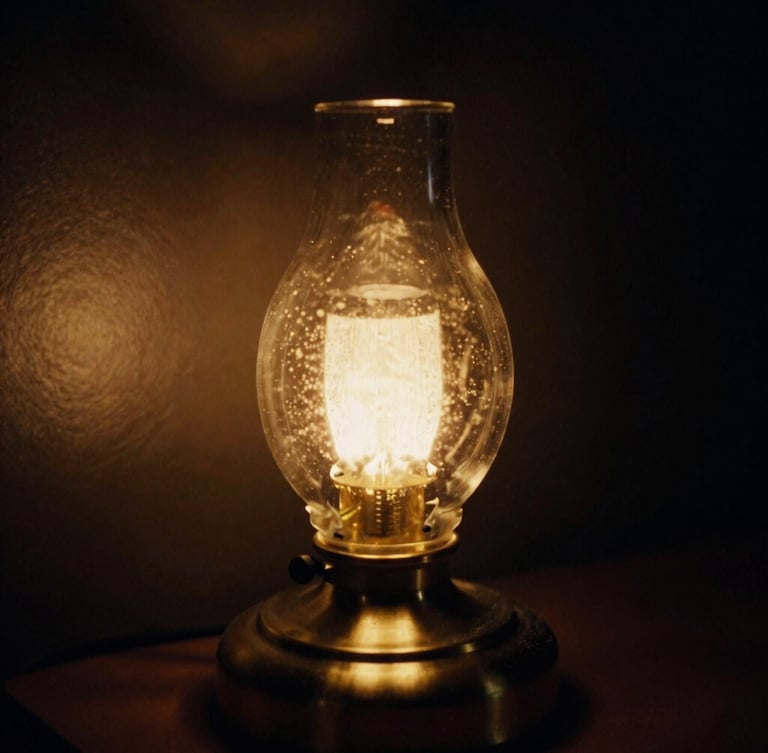 Portrait shot of a close-up of hand-finished brushed brass joint and smoked glass of a lamp, low-key dramatic chiaroscuro lighting, warm glowing amber tones, 35mm film