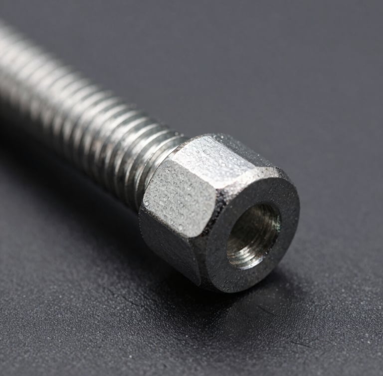Macro close-up of a clean steel tie rod end, sharp metallic thread details, dark gray industrial background, high contrast studio lighting