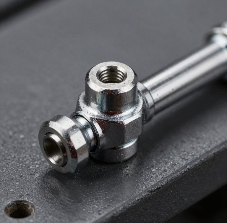 Macro close-up of a clean metallic ball joint and tie rod on a dark gray steel workbench, sharp studio lighting, high contrast metallic textures