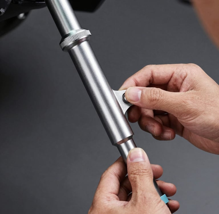 Eye-level shot of a mechanic's hands inspecting a newly installed steel steering link stabilizer on a car chassis, bright industrial lighting, focus on metallic textures