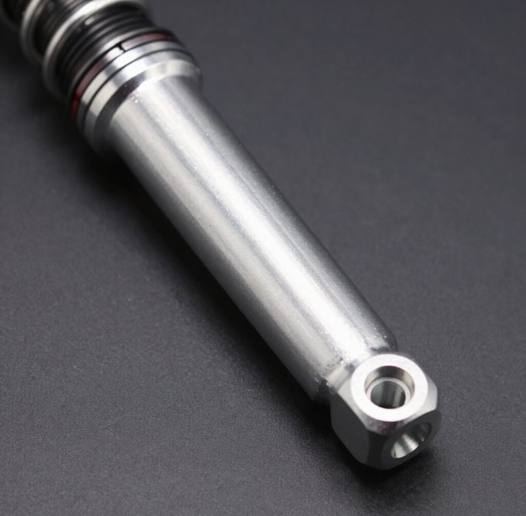Close-up of a high-performance metallic silver shock breaker, sharp industrial studio lighting, high contrast, dark gray background