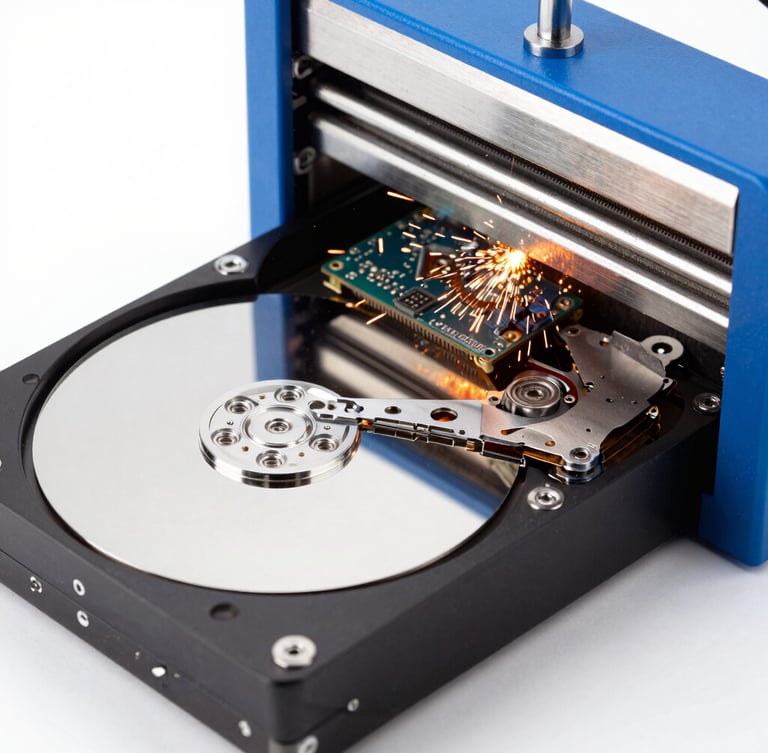 Close-up of a hard drive being physically shredded by a destruction machine, sparks flying, bright cool studio lighting, royal blue accents, sharp focus.