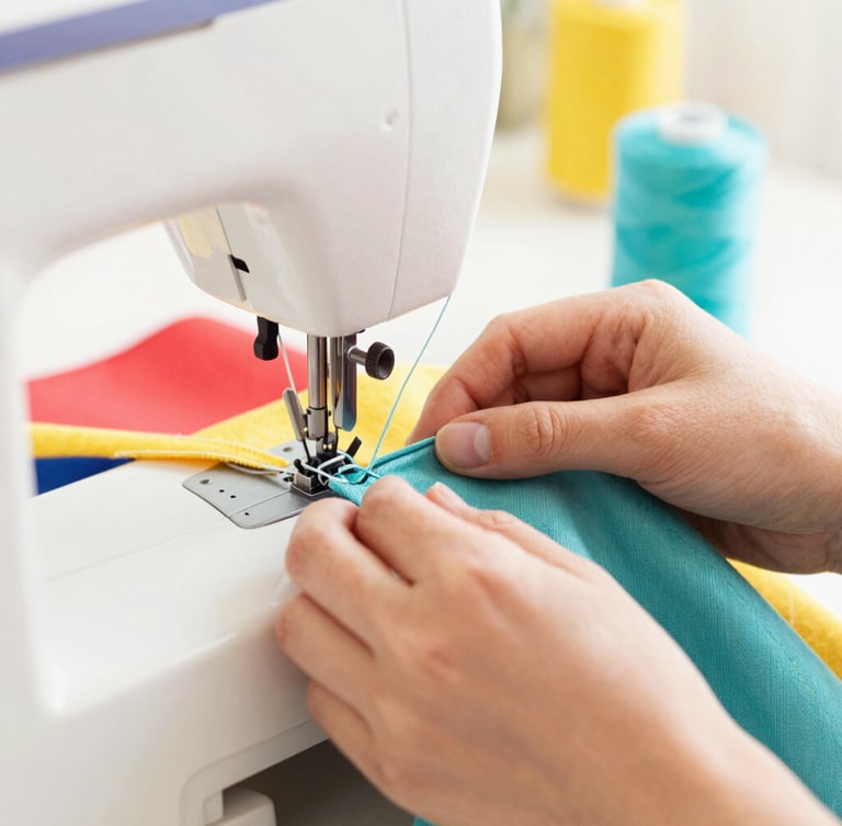 Close-up of hands carefully stitching a colorful fabric with a sewing machine, soft focus on the bright teal thread, warm family workshop atmosphere