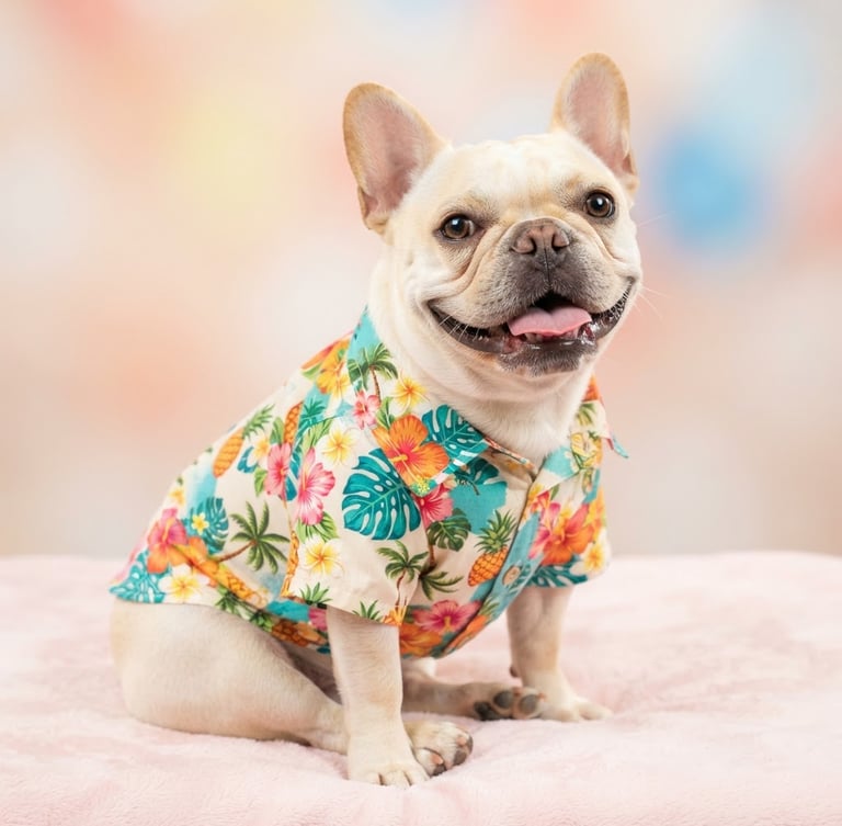 Bright high-key pet photography of a happy French Bulldog wearing a colorful custom-tailored hawaiian shirt, sitting comfortably, soft studio background, shallow depth of field.