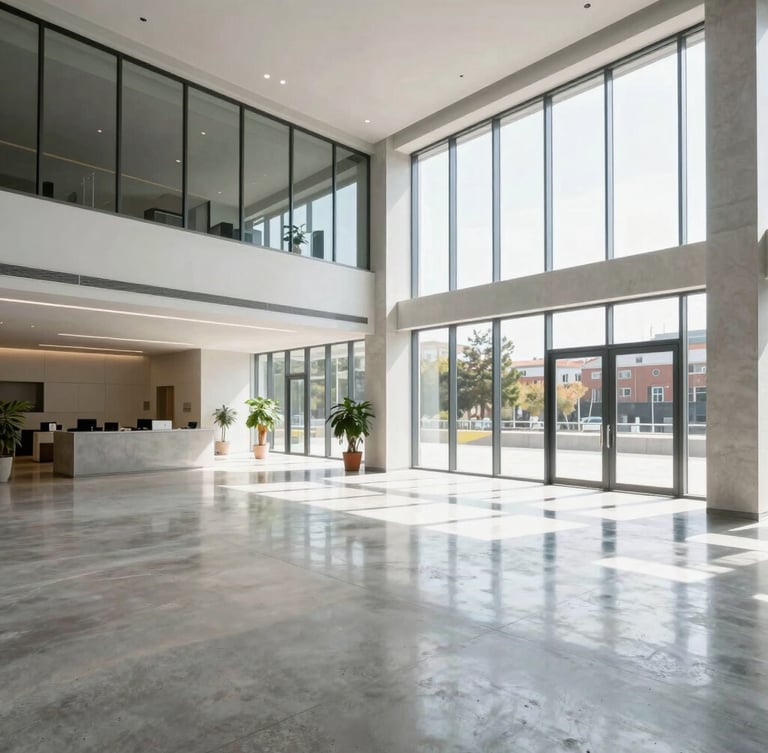 Wide architectural view of a bright modern office lobby in Madrid, polished concrete floor reflecting natural light, large windows, clinical cleanliness.