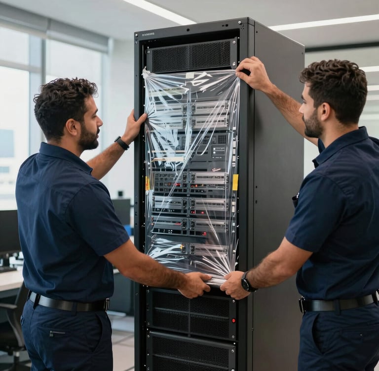 Medium shot of a professional logistics crew in navy uniforms carefully securing server racks with anti-static wrap inside an Abu Dhabi corporate office, bright natural light.