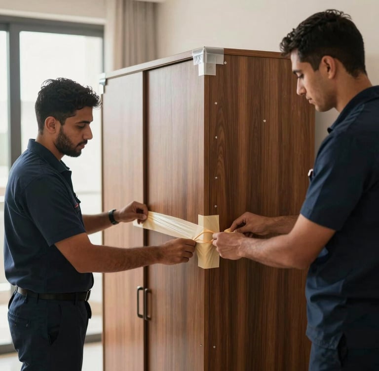 A medium shot of two uniformed crew members in deep navy shirts carefully applying protective corner guards and stretch wrap to a heavy wooden cabinet in a bright Abu Dhabi apartment, natural daylight.