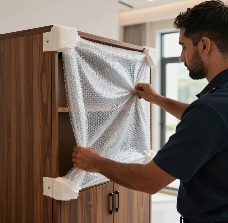 A close-up shot of a uniformed moving crew member carefully applying multi-layered bubble wrap and thick corner guards to a polished wooden cabinet inside a modern Abu Dhabi villa.