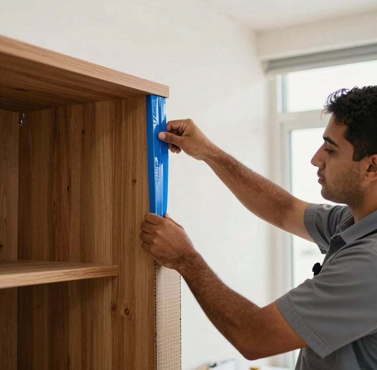 A medium shot of a uniformed crew member wrapping a polished wooden cabinet corner with thick corrugated cardboard and securing it with heavy-duty blue packing tape inside a bright Abu Dhabi apartment.