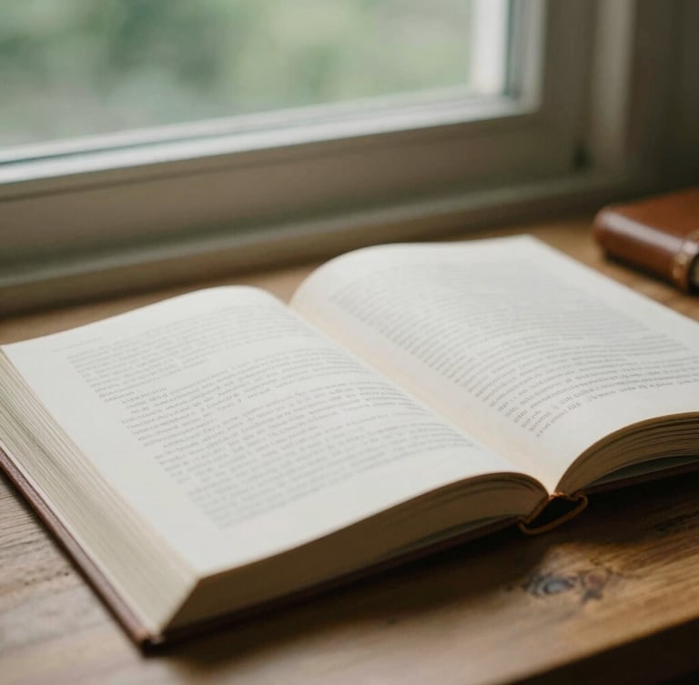 Close-up of open study books and a leather journal on a warm wooden desk, soft natural window light, muted forest green tones, shallow depth of field, 35mm