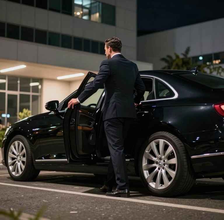 Low-angle heroic shot of a black executive sedan arriving at a corporate building in Faria Lima, São Paulo, professional driver in a tailored dark suit opening the rear door, cinematic night lighting.