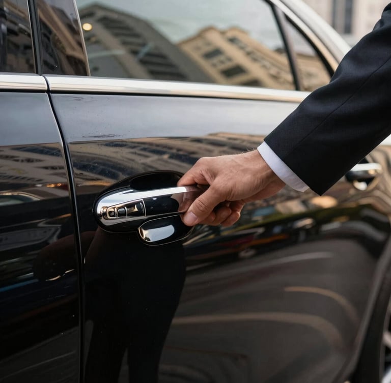 Tight close-up of a pristine black luxury sedan door handle being opened by a driver in a tailored dark suit, soft golden light reflections, São Paulo financial district background.