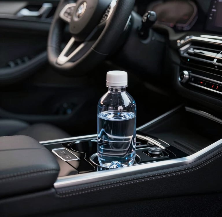 Tight elegant close-up of a pristine luxury car interior, black leather stitching, mineral water in the console, charging ports with subtle glowing light, clean and quiet atmosphere.