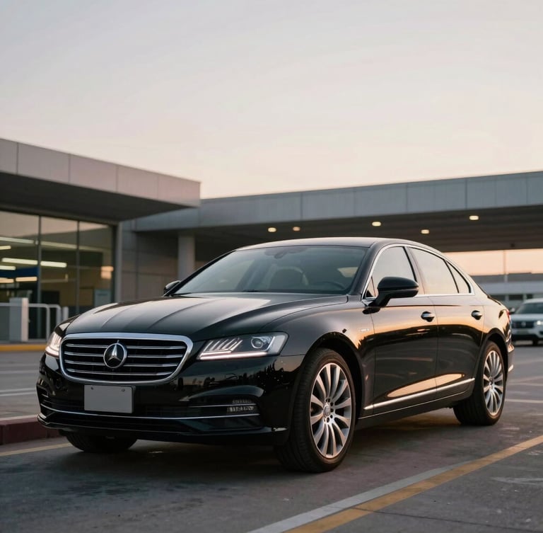 Low-angle heroic shot of a polished black executive sedan parked at Guarulhos Airport terminal during twilight, soft golden hour reflections on the pristine car body, clean modern architecture in the background.