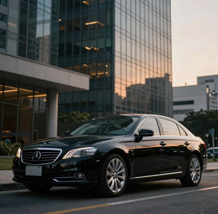 Cinematic low-key shot of a polished black executive sedan parked in front of a modern glass skyscraper in São Paulo at dusk, soft golden hour reflections on the car body, elegant atmosphere.