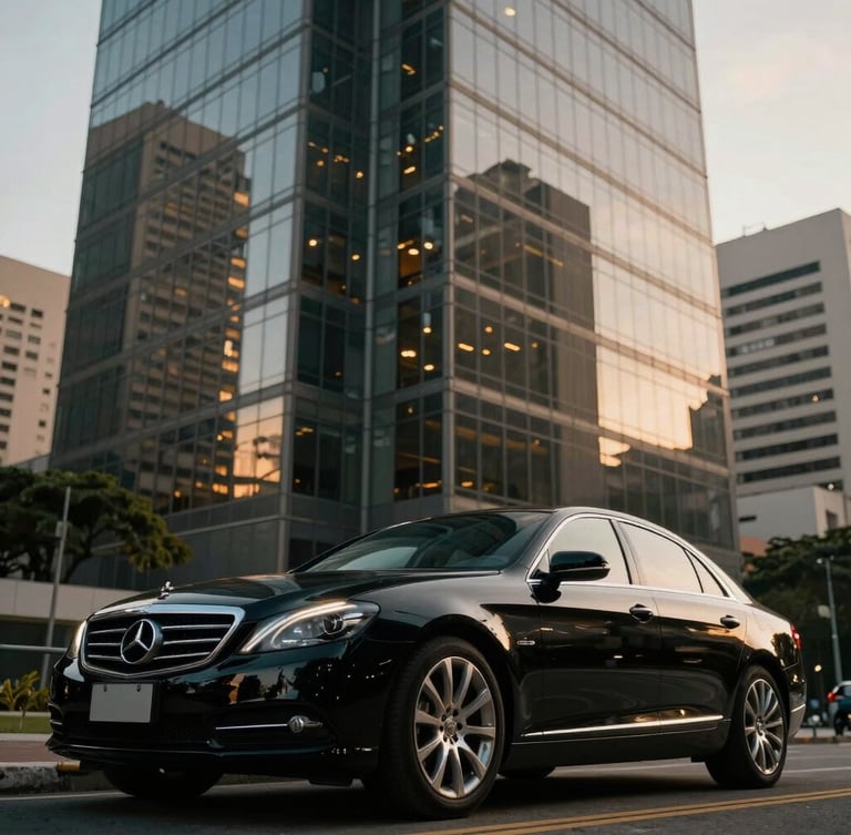 Cinematic low-key lighting shot of a polished black executive sedan parked in front of a modern glass skyscraper in São Paulo, soft golden reflections on the body, low-angle heroic framing.