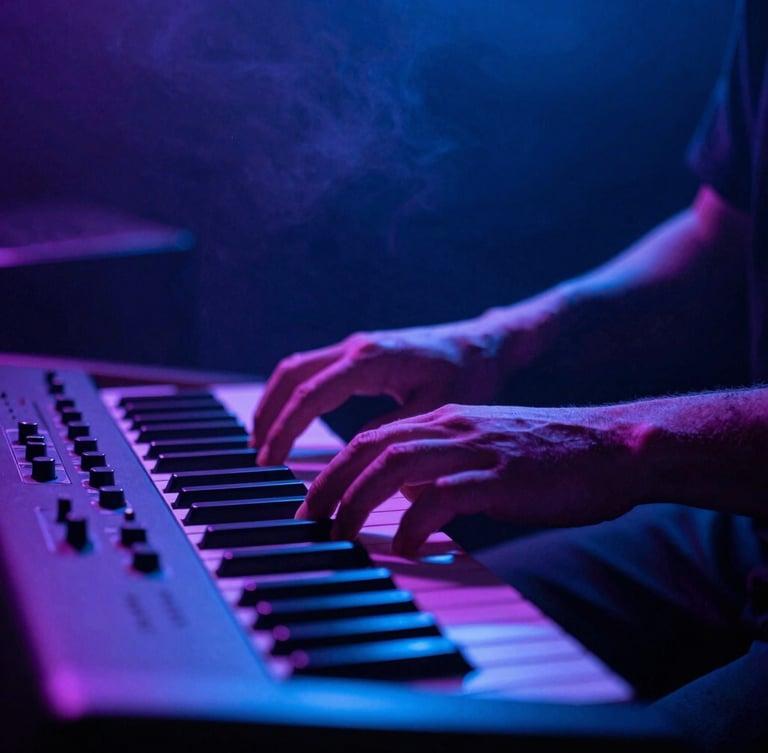 Moody close-up of a musician's hands on a vintage synthesizer in a dark studio, illuminated by a single streak of neon blue light, smoke haze, 35mm film style