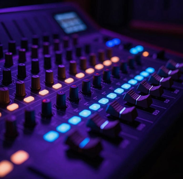 Cinematic close-up of a professional mixing console in a dark recording studio, glowing violet and neon blue LED indicators, shallow depth of field, 35mm film