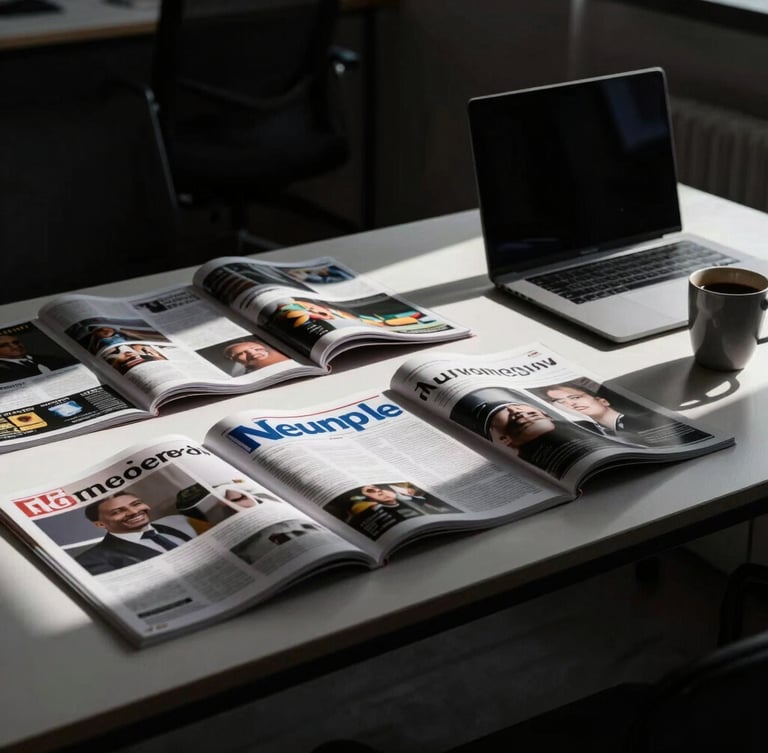 High-contrast photo of a modern newsroom table with creative magazines, a sleek laptop, and coffee cups, moody directional light, deep shadows