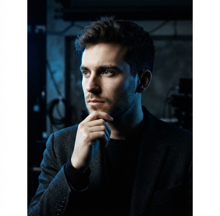 Close-up portrait of a young entrepreneur in a moody, high-contrast studio, deep shadows, electric blue light accent, desaturated tones, 35mm lens