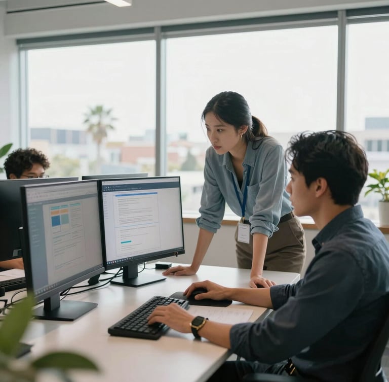 A bright, clean corporate office in California with digital marketing professionals collaborating around a screen, natural daylight.
