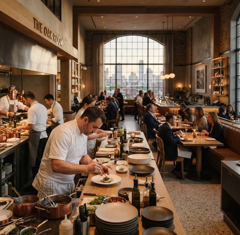 Wide-angle architectural perspective of a sophisticated, active F&B interior at golden hour, soft natural daylight, muted earth tones, a chef preparing a dish in the foreground, blurred patrons in the background, medium format editorial photography.