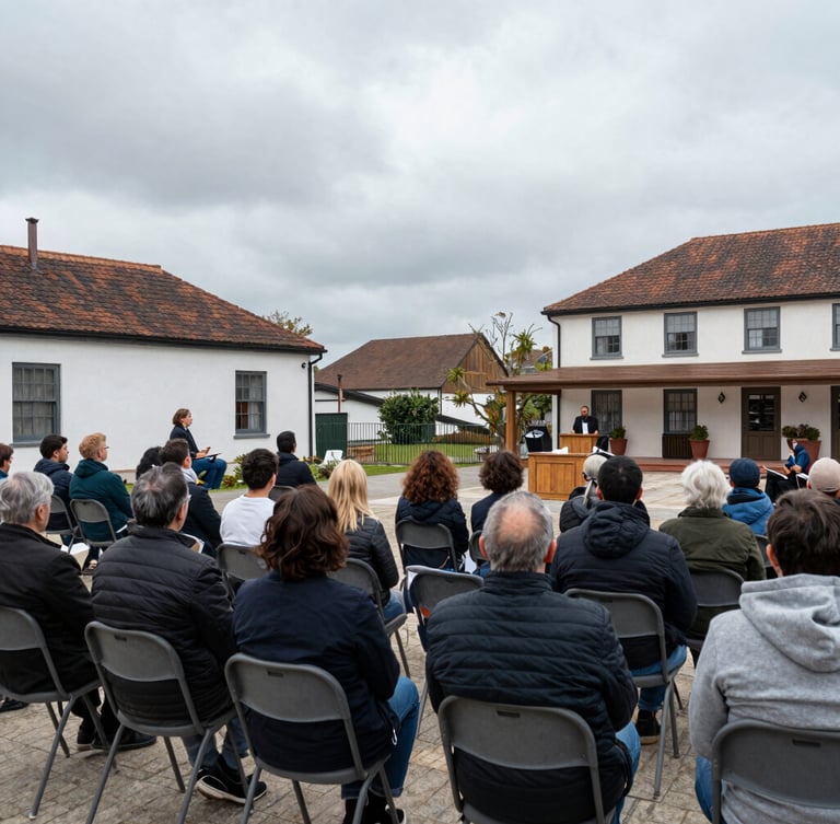 Overcast wide-angle shot of a local public town hall meeting, residents sitting in rows of chairs listening to a speaker, natural documentary lighting, 35mm lens.