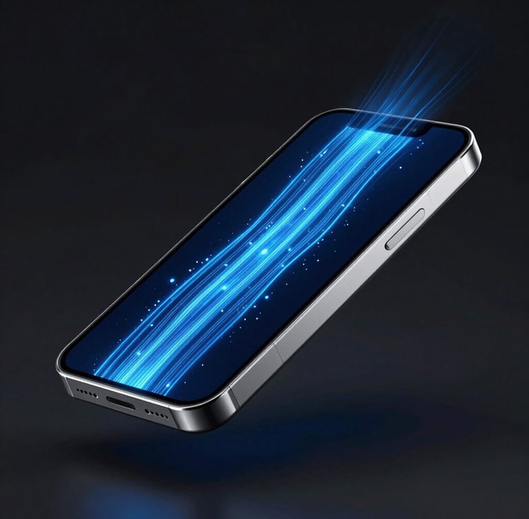 Sleek 3D render of a futuristic silver smartphone floating on a dark background, glowing electric blue data streams flowing out of the screen, high contrast, sharp details.