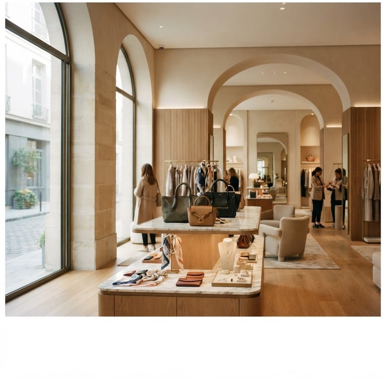 Wide panoramic luxury retail store interior, clean architectural lines, warm natural window light, elegant display of high-end accessories, shallow depth of field, 35mm