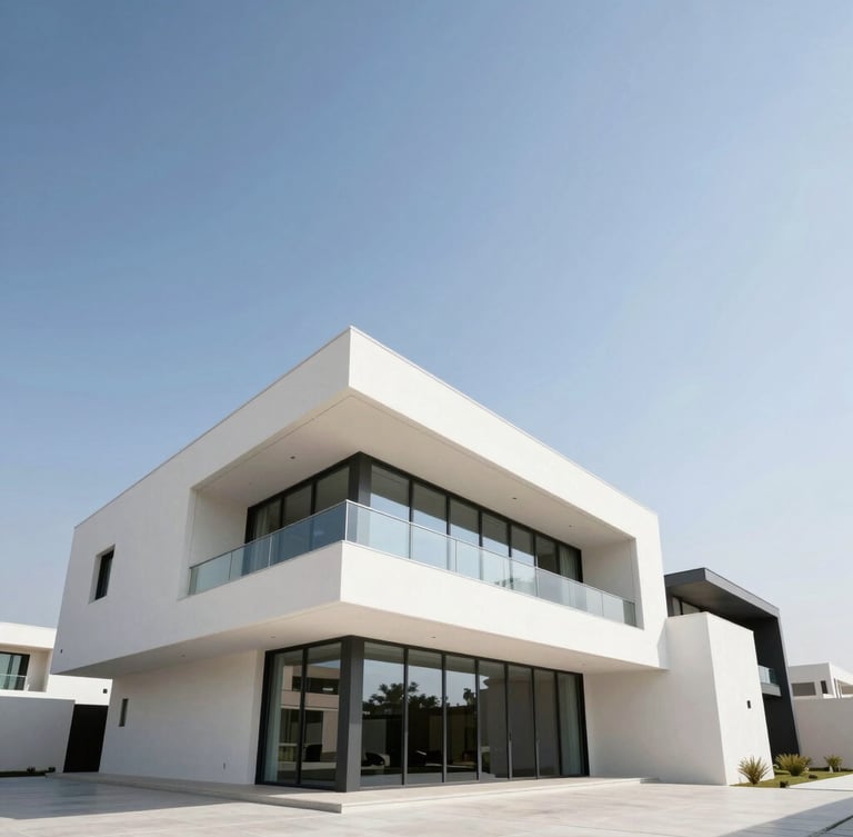 Low-angle architectural photograph of a modern luxury villa in Abu Dhabi, sharp daylight, high-contrast clean tones, wide-angle lens